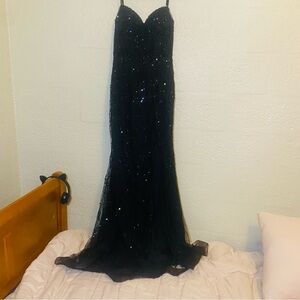 Stacees Black Beaded Sequins Slit Spaghetti Strap Mermaid Dress SZ 6